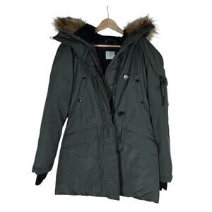 S13 New York Womens Medium Olive Green Parka Coat Fur Hood Down Winter Jacket